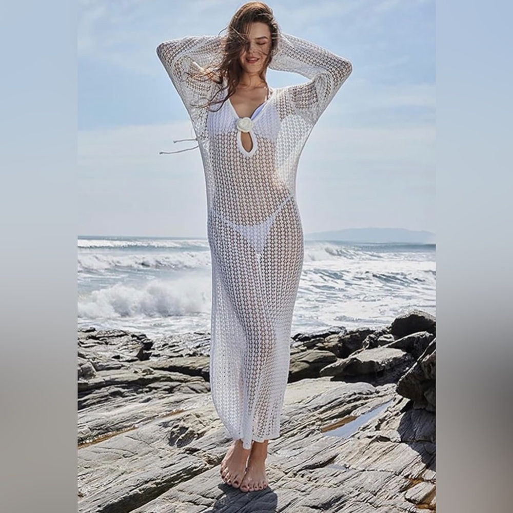 NEW White Crochet Beach Cover-Up Maxi Dress - Women's Swim